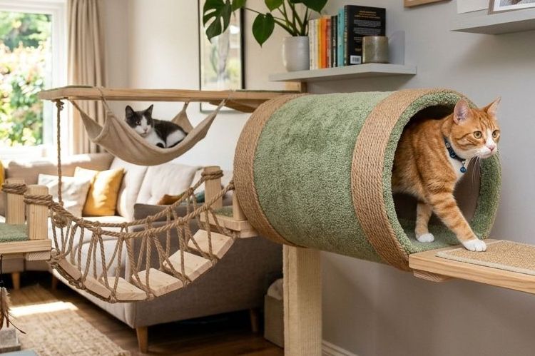 Gatos en un gimnasio para gatos