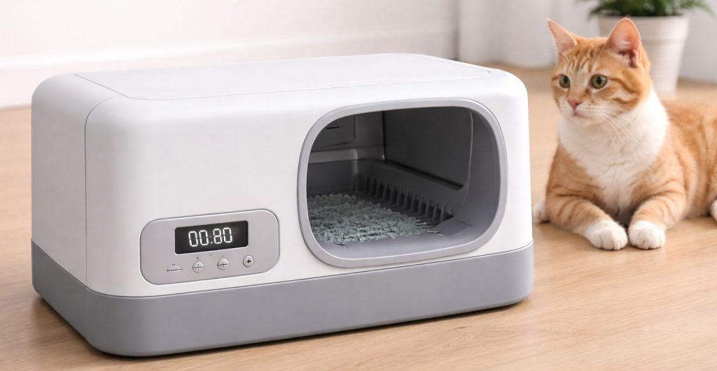 arenero automático con un gato curioso al lado