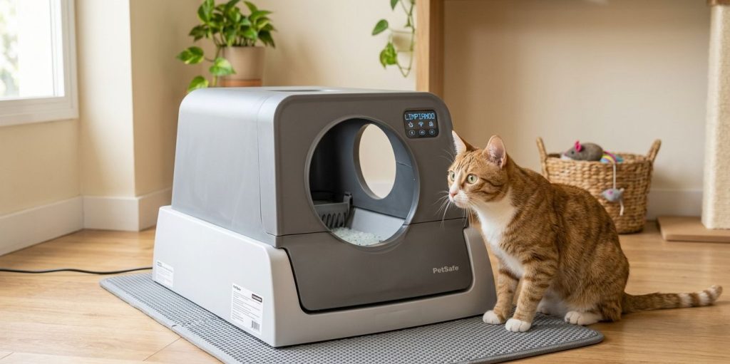 arenero automático con un gato curioso al lado